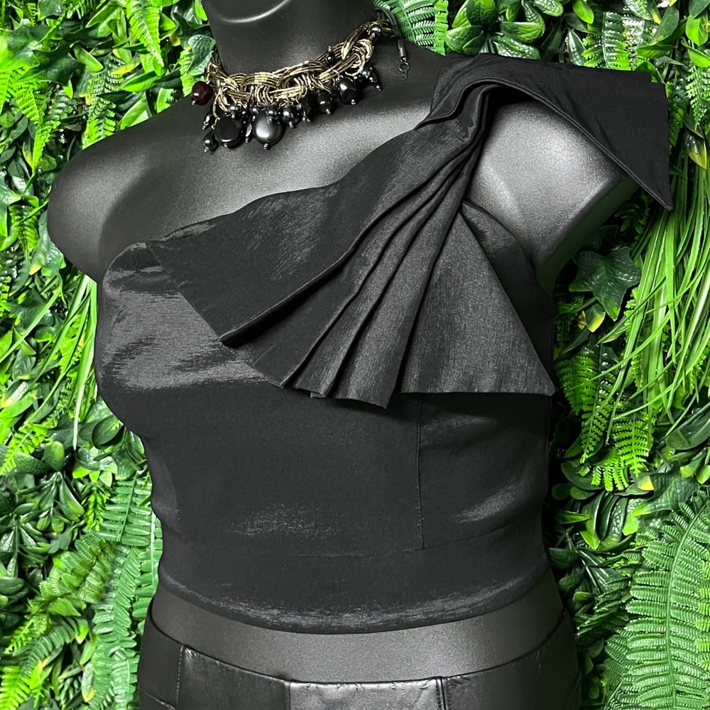 Bebe Top 12 Black One Shoulder Ruffle Sleeveless Party Cocktail Made In USA 3017 - Picture 6 of 8
